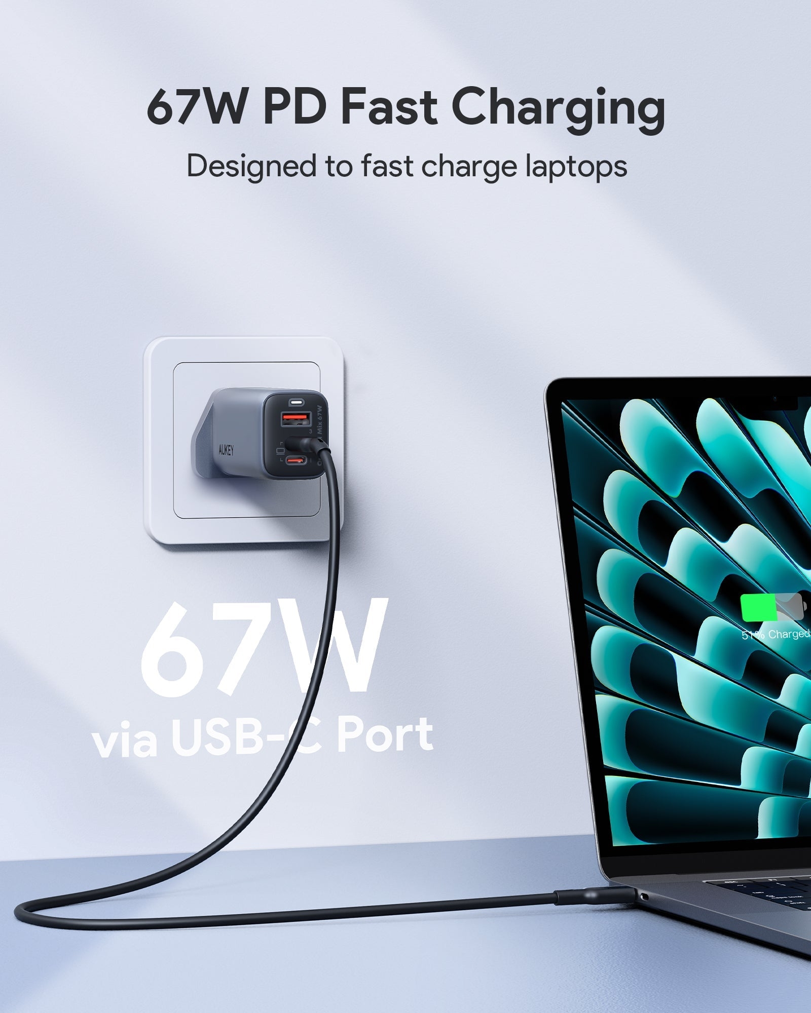  Aukey PA-B6U Fast Charger Omnia II Mix 67W 3-Port UFCS Wall Gan Charger